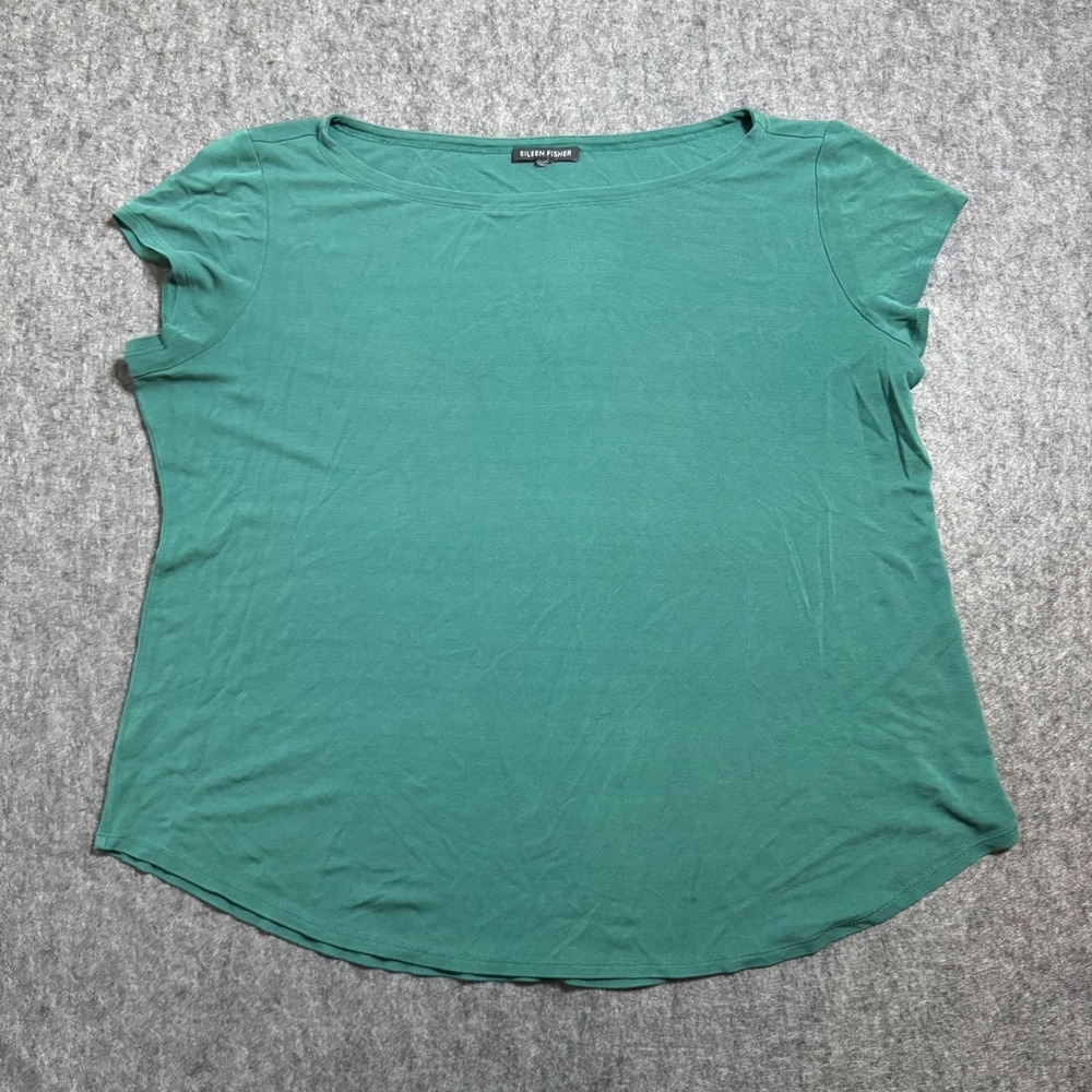 Eileen Fisher Green Boat Neck Short Sleeve Curved Hem Top